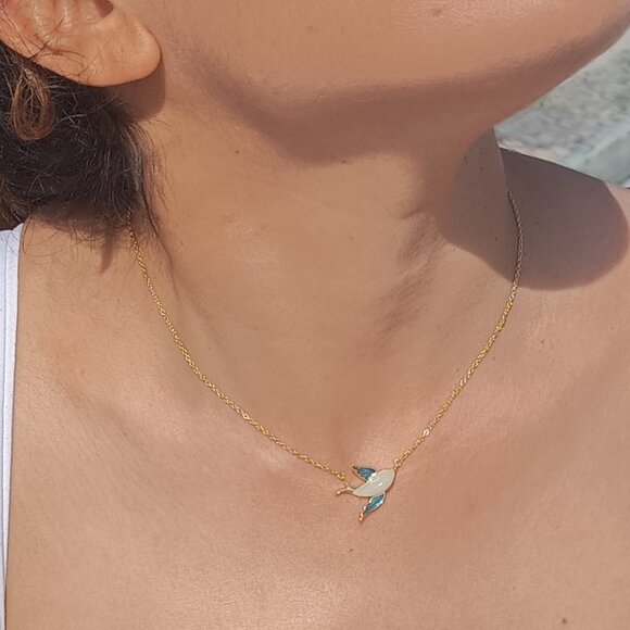 Bird Jade Sterling Silver 14k Gold Plated Necklace, Natural White Nephrite Jade - Picture 4 of 9